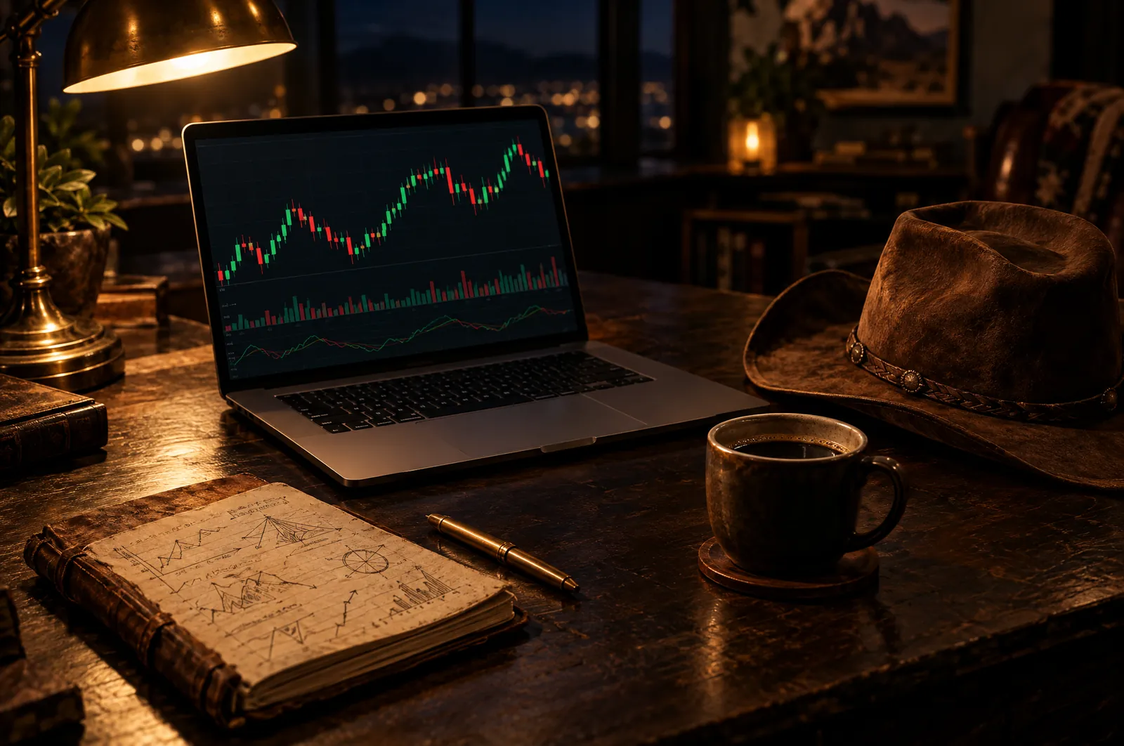 Escritorio con laptop mostrando gráficos de velas, libreta de notas y sombrero vaquero