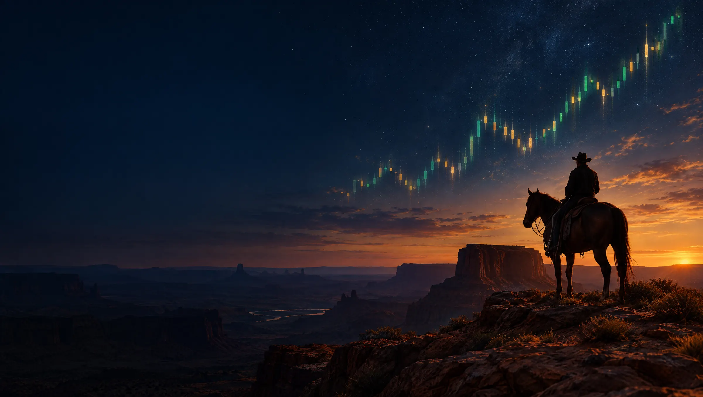 Jinete a caballo en una meseta al anochecer bajo un cielo con velas de mercado