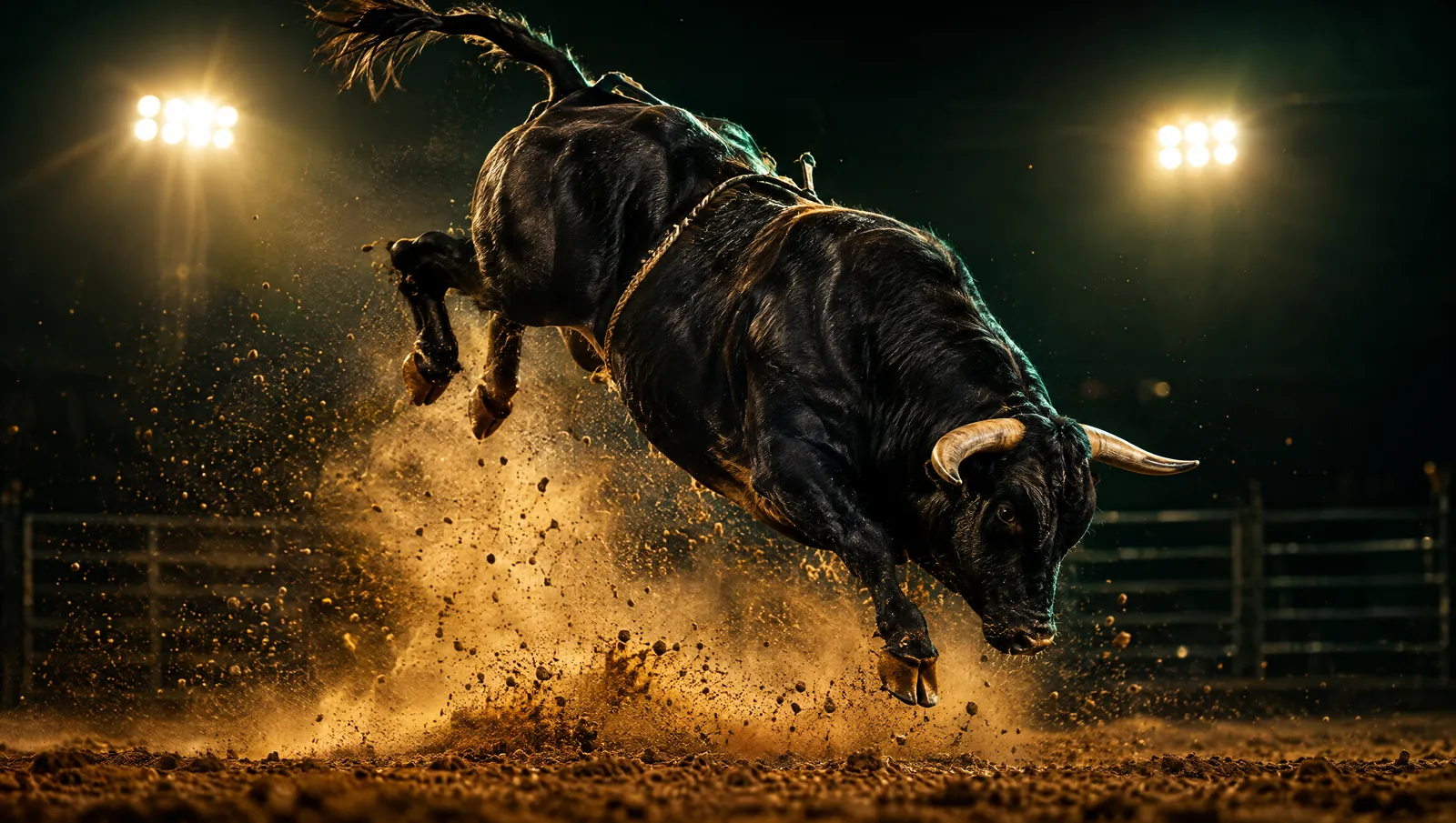 Toro de rodeo saltando entre polvo dorado bajo los reflectores